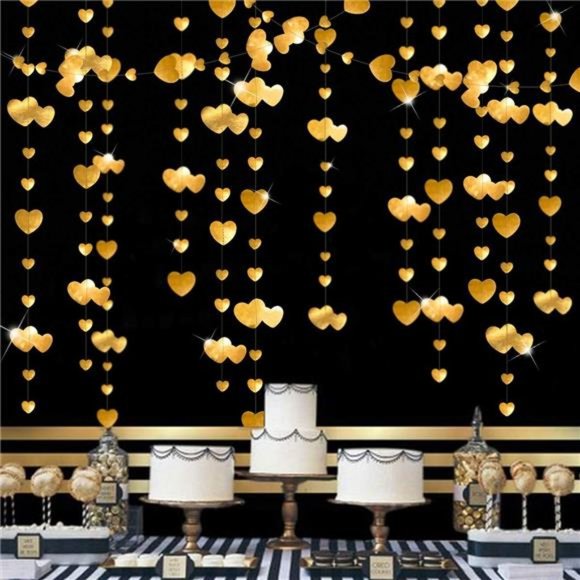 52 Ft Gold Heart Garlands Golden Hanging Banner Streamer for Day Valentines - Picture 2 of 5